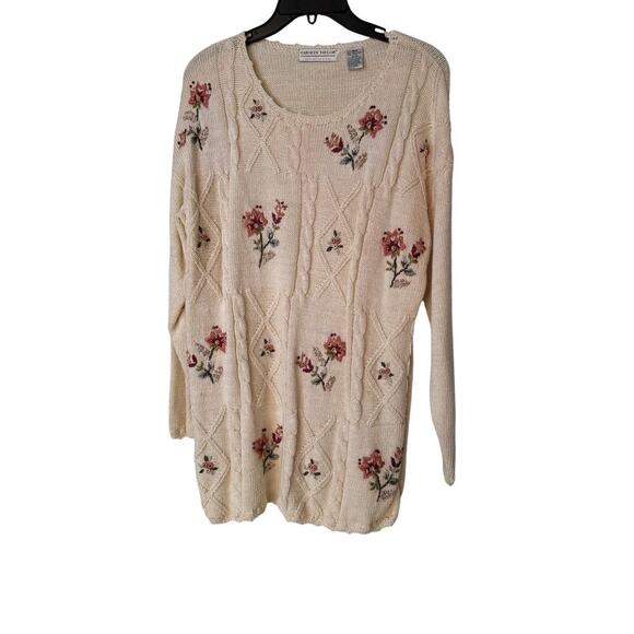 Vintage Carolyn Taylor Cream Sweater w/Mauve Embroidered Flowers Women's Size M - Picture 4 of 5